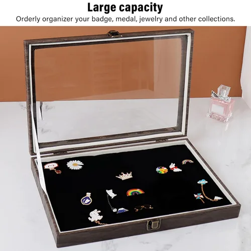 Vista 4 de Pin, vitrina de alfiler, ventana de cristal a prueba de polvo de piel sintética de gran capacidad con cerradura de metal, insignia de joyería