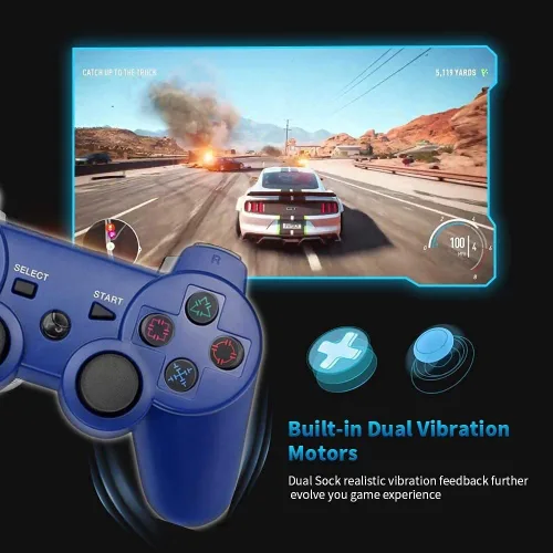 Vista 2 de Rzzhgzq 2 Pack PS3 Wireless Controller Playstation 3 Controller Wireless Bluetooth Gamepad with USB Charger Cable for PS3 Console (BLUE+SILVER)