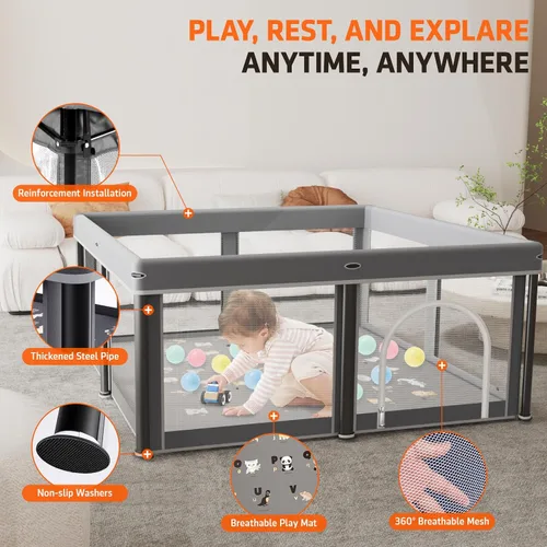 Vista 6 de Corralito plegable para bebés con alfombra, 50"×50" corralito plegable para bebés y niños pequeños, corral de juegos de seguridad para niños