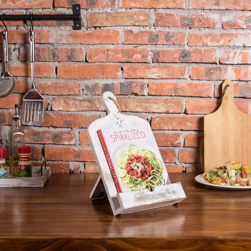 Vista 3 de MyGift Soporte para libro de recetas, soporte de libro de cocina estilo tabla de cortar de madera encalada, soportes de libro de madera para blanco