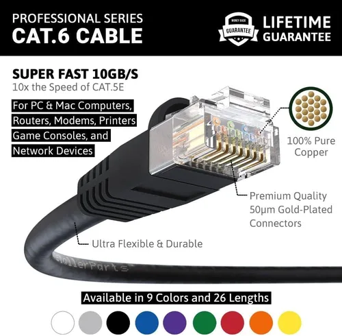 Vista 2 de InstallerParts Cable CAT6 UTP con Bota [Negro] - [0.5 pies] - [1 paquete] - Serie Profesional - Cable de Red/Internet de 10 Gbps, Cable de Conexión