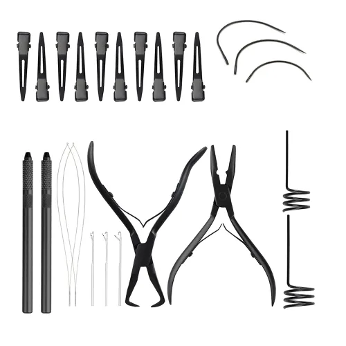 Vista 14 de Kit de herramientas de extensión de cabello, alicates de acero inoxidable de color tostado, micro cuentas, gancho removedor de bucle, clips
