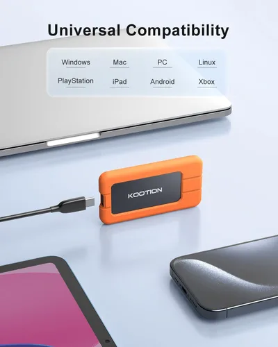 Vista 3 de KOOTION SSD portátil de 1 TB USB-C hasta 2000 MB/s USB 3.2 SSD externo USB 3.2 Gen 2x2 Unidad de estado sólido portátil con funda protectora a