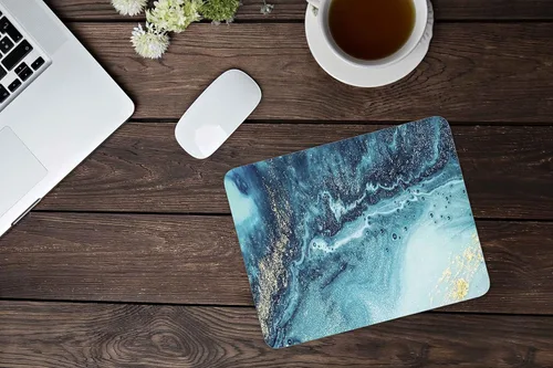 Vista 2 de Alfombrilla de mouse de mármol azul aguamarina dorado, alfombrilla de mouse para juegos con diseño personalizado, alfombrilla de mouse cuadrada