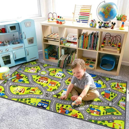 Vista 2 de STARUIA Alfombra de juego para niños, 60 x 32 pulgadas, ultra antideslizante, alfombra educativa para niños, alfombra de coche lavable