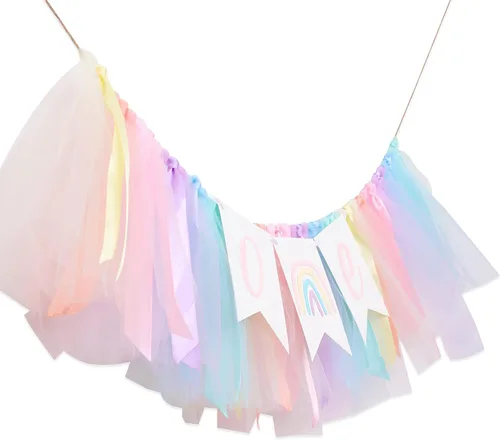 Vista 6 de Cartel para silla alta de arcoíris pastel, cartel de tul y cinta para silla de bebé de primer cumpleaños, decoraciones de arcoíris