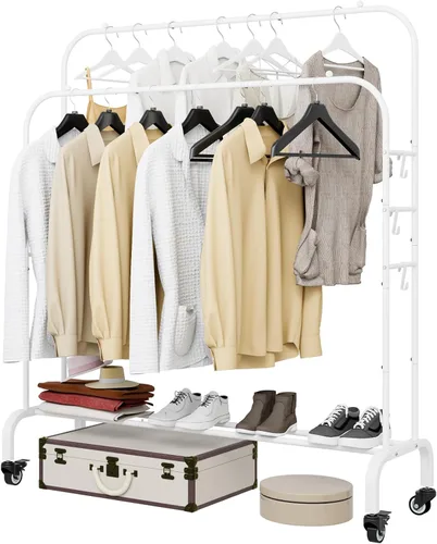 Vista 16 de SUOERNUO Perchero con ruedas para ropa, estante para colgar ropa resistente, estante metálico enrollable para dormitorio, armario (Negro)