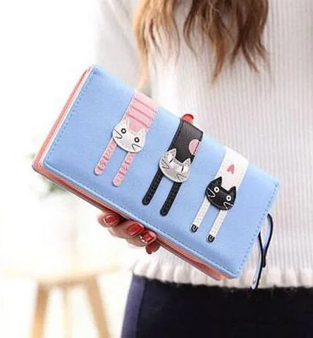 Vista 3 de Hjkiopc Lindo gato largo cartera cremallera cartera femenina cartera chica cartera cartera de cuero niño cartera monedero monedero 18 ranuras