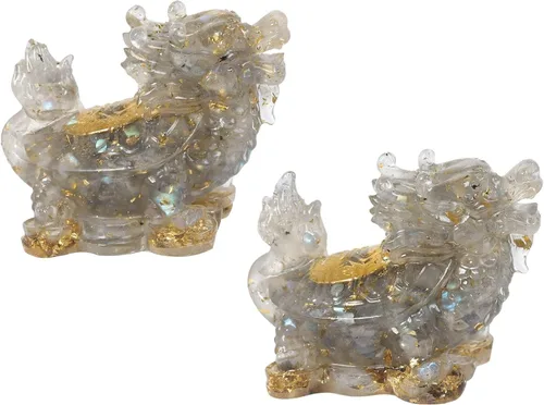 Vista 11 de SUNYIK Paquete de 2 estatuas de tortuga de dragón de cristal de resina, piedra curativa de tortuga de dragón Feng Shui, decoración para el hogar