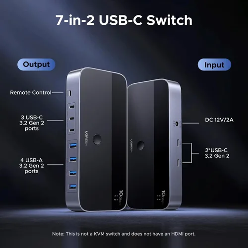 Vista 3 de UGREEN Interruptor USB 3.2 de 2 entradas y 7 salidas, interruptor de 10 Gbps para computadoras A o C compartiendo todos los dispositivos (4 A+3 C)