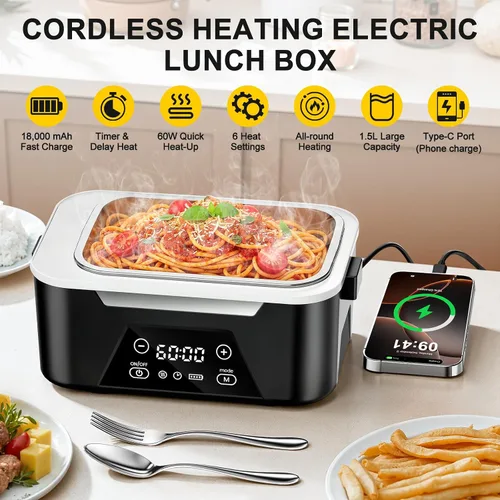 Vista 4 de Cordless Heated Lunch Box For Adults, 1.5L (6 Cups) Rechargeable Electric Lunch Box Battery Powered With Scheduled Heating, Automatic