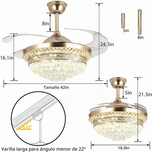 Vista 2 de Lámpara de techo invisible de 42 pulgadas con luz, ventilador de techo de cristal moderno, control remoto, 4 aspas retráctiles de ABS para Dorado
