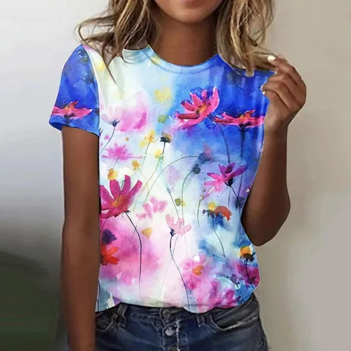 Vista 2 de Ceboyel Camisetas gráficas con estampado floral y mariposa para mujer, linda camisa de verano de manga corta, blusa de vestir casual para mujer