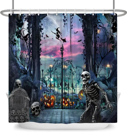 Vista 8 de Cortina de ducha de Halloween, cortinas de ducha de calabaza aterradora para baño, casa cazada de brujas, cortina de baño, cortina de baño
