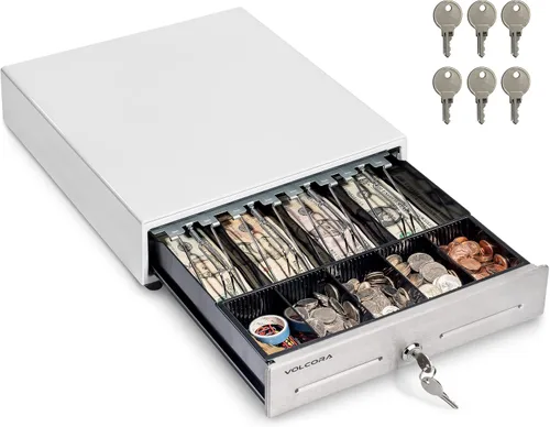 Vista 9 de Volcora Cajón de caja registradora de 13" para sistema de punto de venta (POS), Bandeja de efectivo de 4 billetes y 5 monedas, Cajones delanteros