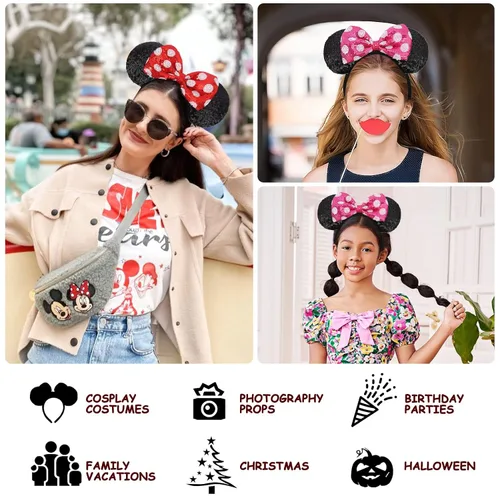 Vista 6 de Diadema de orejas de ratón, 2 piezas de diademas con lazo de lentejuelas para niñas y mujeres, decoración de fiesta de ratón y juego de roles