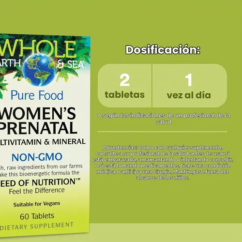 Vista 3 de Whole Earth & Sea Multivitamínico prenatal para mujer, 60 tabletas veganas