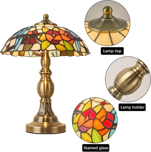 Vista 2 de Lámpara de mesa estilo Tiffany, lámpara de mesa de vidrio manchado, lámpara de decoración antigua artesanal para mesita de noche, dormitorio, sala