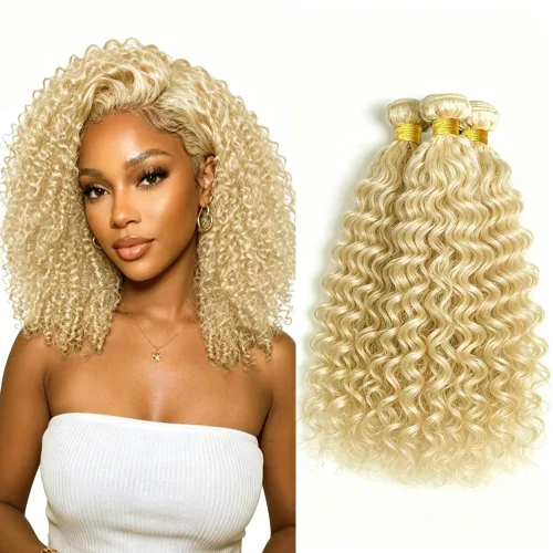 Vista 52 de P4613 Cabello humano rizado onda profunda marrón y paquetes mixtos 8 10 12 P4613 Ombre Marrón-Rubio-DP