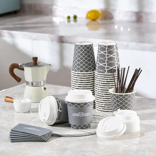 Vista 3 de JOLLY PARTY [100 Sets] Tazas de papel para café de 10 onzas, tazas de café desechables con tapas, fundas y popotes, tazas para bebidas