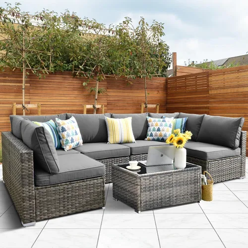 Vista 32 de HOOOWOOO Juego de sofá modular para patio al aire libre, 7 piezas en forma de U, juego de sofá de mimbre rústico para 6 personas, juego de Beige