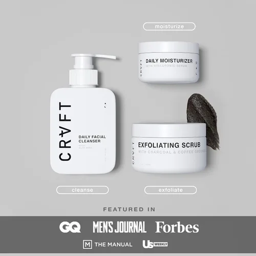 Vista 2 de CRVFT Kit de cuidado facial para hombre, lavado facial de aloe vera, 3 onzas, hidratante hialurónico de 1 onza, exfoliante de carbón de 1.7 onzas