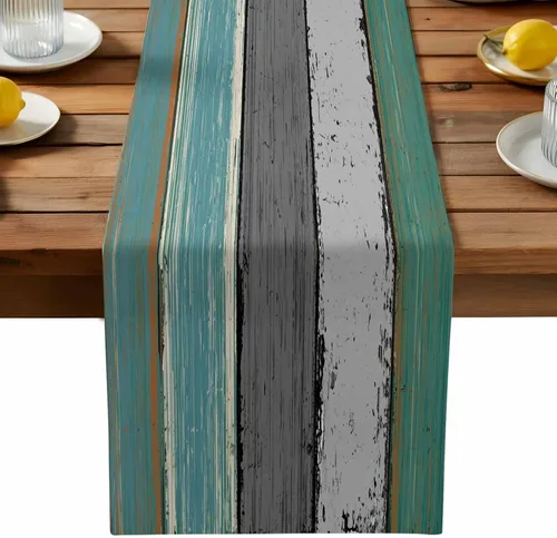 Vista 22 de Vandarllin Camino de mesa de lino y algodón estilo rústico retro, textura de madera de granero, color degradado, azul aguamarina, gris