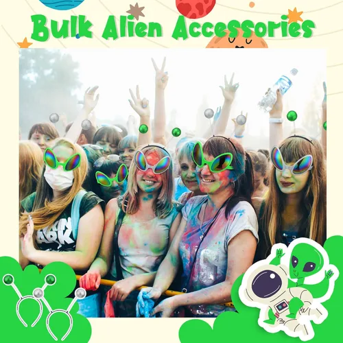 Vista 4 de 48 Pcs Alien Glasses and Headband Set Alien Rainbow Lens Sunglasses Glasses Boppers Antenna Glitter Martian Headband