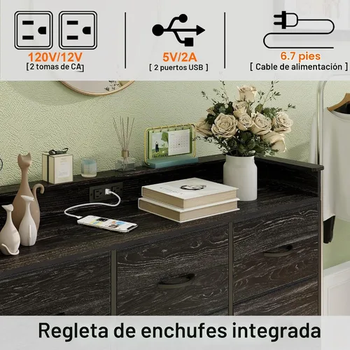 Vista 4 de Cómoda negra con luz LED, 12 cajones con estación de carga, cómoda para dormitorio con 12 cajones de tela para dormitorio, pasillo, entrada