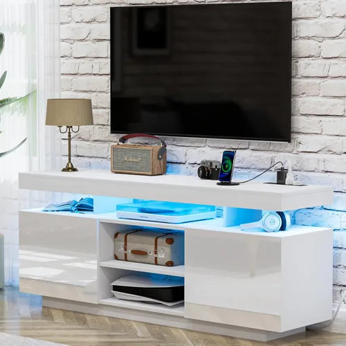 Vista 17 de HOMMPA Soporte de TV LED moderno para televisores de 55/50/43/40/32 pulgadas con tomas de corriente, centro de entretenimiento