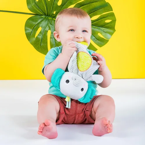 Vista 3 de Bright Starts Snuggle & Teethe - Juguete de peluche para dentición sin BPA con sonido crujiente para bebé - Elefante
