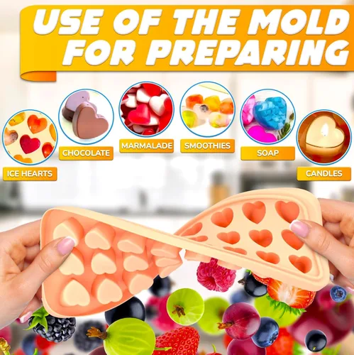 Vista 6 de Bandeja para cubitos de hielo con tapa – Molde de silicona de 24 cavidades para forma de corazón y dulces – Moldes flexibles, resistentes al calor e