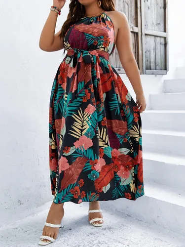Vista 4 de Floerns Vestido largo de línea A para mujer, talla grande, estilo bohemio, sin mangas, cuello halter, lazo en la espalda