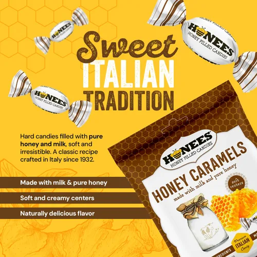 Vista 3 de Honees Caramelos de miel duros envueltos individualmente, dulces naturales y saludables, hechos en italiano con leche y miel pura, 1 paquete