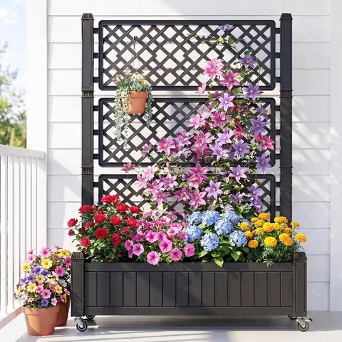 Vista 17 de YITAHOME Cama de jardín elevada de polietileno de alta densidad, 47 x 18 x 31 pulgadas, maceta elevada de madera de polietileno resistente a