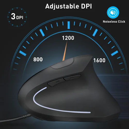 Vista 3 de Ratón ergonómico con cable, mouse vertical con cable USB con 800/1200/1600 DPI ajustable, 6 botones ergonómico para portátil/PC/escritorio, negro
