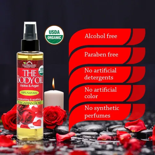 Vista 4 de US Organic Aceite corporal romántica sexy de rosa búlgara, aceite de jojoba y argán con vitamina E, orgánico certificado por USDA, sin alcohol