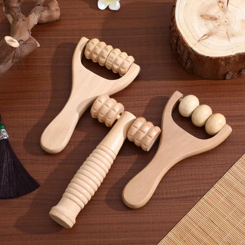 Vista 2 de Herramienta de rodillo de masaje de madera, paquete de 3 masajeadores de mano para cuerpo y pies para terapia de reflexología y relajación muscular