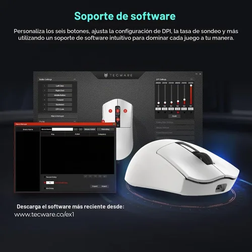 Vista 8 de TECWARE EX1 - Mouse ligero para juegos Mouse inalámbrico de 26 K DPI con pantalla OLED Diseño ultraligero de 2.08 oz Base de carga RGB Blanco