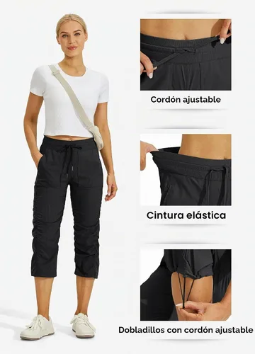 Vista 6 de Willit Womens Capri Pants Quick-Dry Hiking Pants Negro
