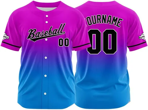 Vista 42 de Camiseta de béisbol con degradado personalizado, nombre, número y logotipo personalizados para hombres, mujeres y niños