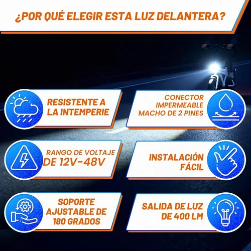 Vista 6 de Faro eléctrico de bicicleta con conector macho de 2 pines, 4 piezas LED de 400 lúmenes, compatible con 24 V, 36 V, 48 V, luz delantera