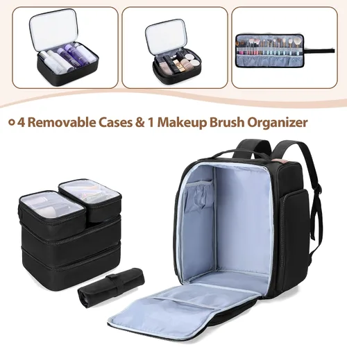 Vista 3 de BAFASO Mochila de maquillaje con 4 bolsas extraíbles y 1 bolsa para cepillos, estuche de maquillaje de viaje con múltiples espacios