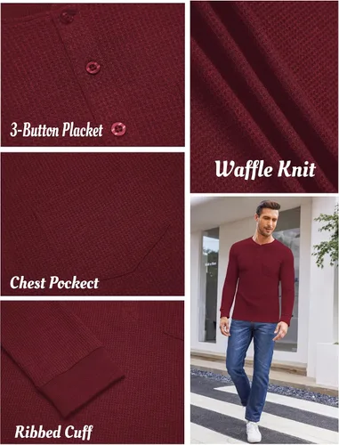Vista 4 de COOFANDY Camisas Henley de manga larga para hombre con bolsillo