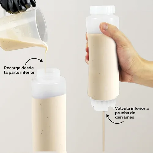 Vista 4 de Restaurantware Botella de presión invertida de plástico de 16oz. FIFO con tapas de recarga y dispensación - Primero en entrar, primero en salir