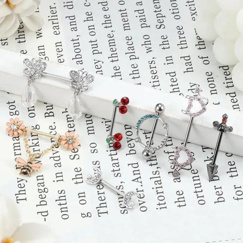 Vista 7 de JOERICA Juego de 6 pares de anillos de pezón de acero inoxidable 316L para mujer, diseño de corazón, mariposa, luna, circonita cúbica, flor, barra
