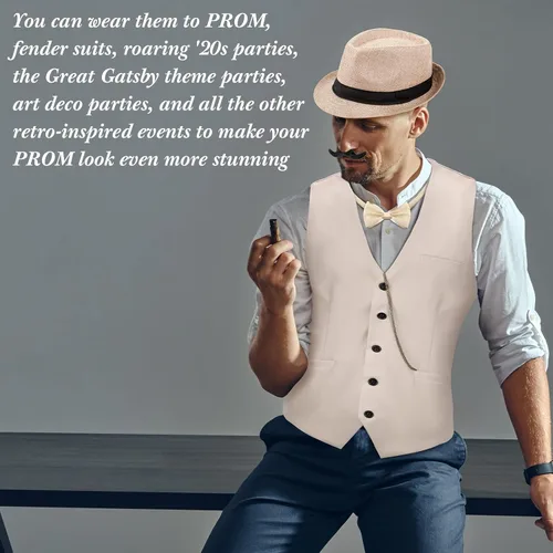 Vista 6 de Disfraz de los años 20 para hombre, atuendo con accesorios, chaleco de gángster de Gatsby, sombrero de fieltro, reloj de bolsillo vintage, tirantes