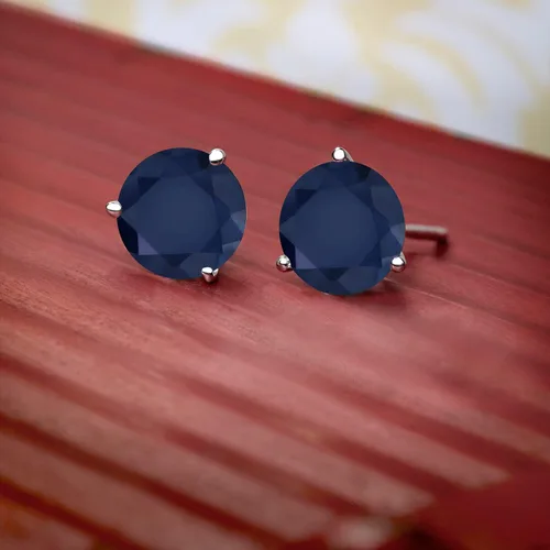 Vista 5 de Gem Stone King Aretes de tuerca de oro blanco de 18 quilates con zafiro azul de 3 puntas Martini con rosca trasera para mujer