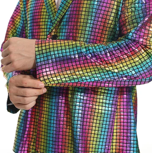 Vista 7 de Conjunto de disfraz de discoteca para hombre, traje de lentejuelas brillantes y pantalones, chaqueta metálica, trajes de Halloween