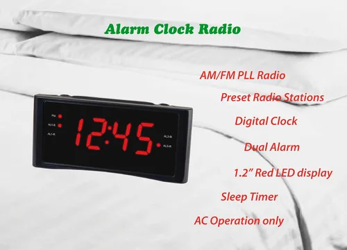Vista 2 de HANNLOMAX Radio despertador HX-151CR, radio PLL AM/FM, alarma dual, pantalla LED roja de 1.2", solo operación de CA (negro)